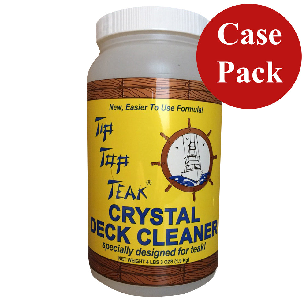 Tip Top Teak Crystal Deck Cleaner in a half-gallon container, shown with six bottles for cleaning teak and outdoor decks.
