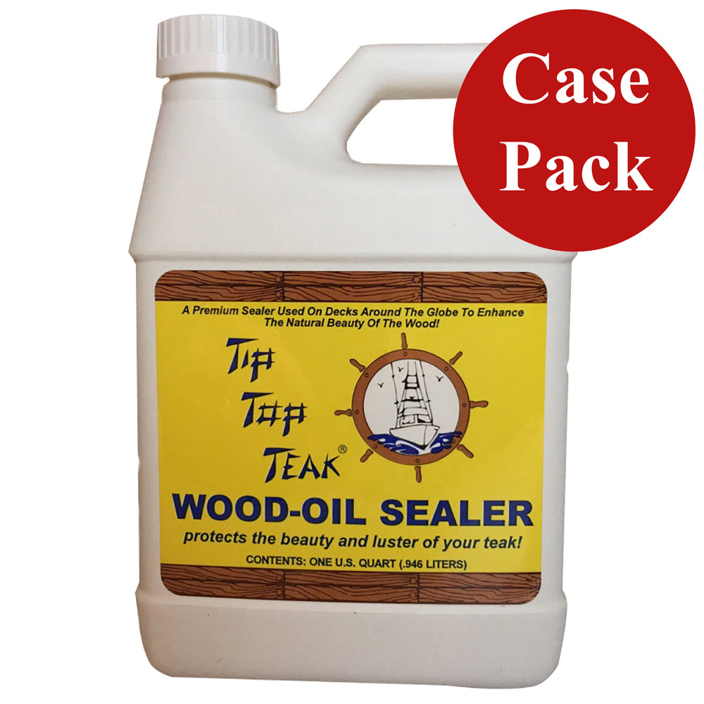 Tip Top Teak Wood Oil Sealer in a quart container, shown in a case of 12 for cleaning and protecting teak wood surfaces.