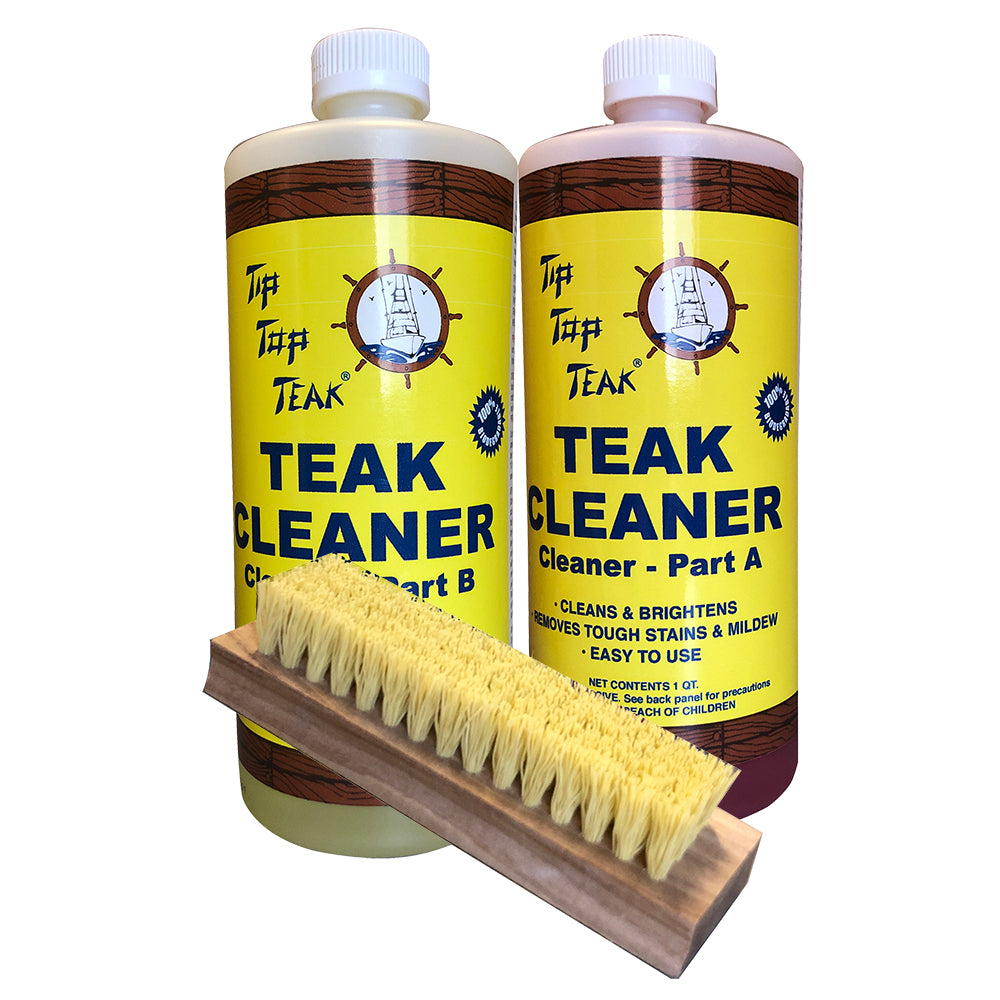 Tip Top Teak Cleaner Kit with Part A, Part B, and brush for cleaning teak furniture and surfaces.