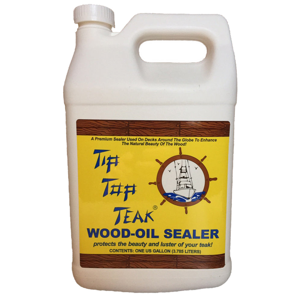 Tip Top Teak Wood Oil Sealer in gallon container, designed to protect and enhance the natural beauty of teak wood surfaces.