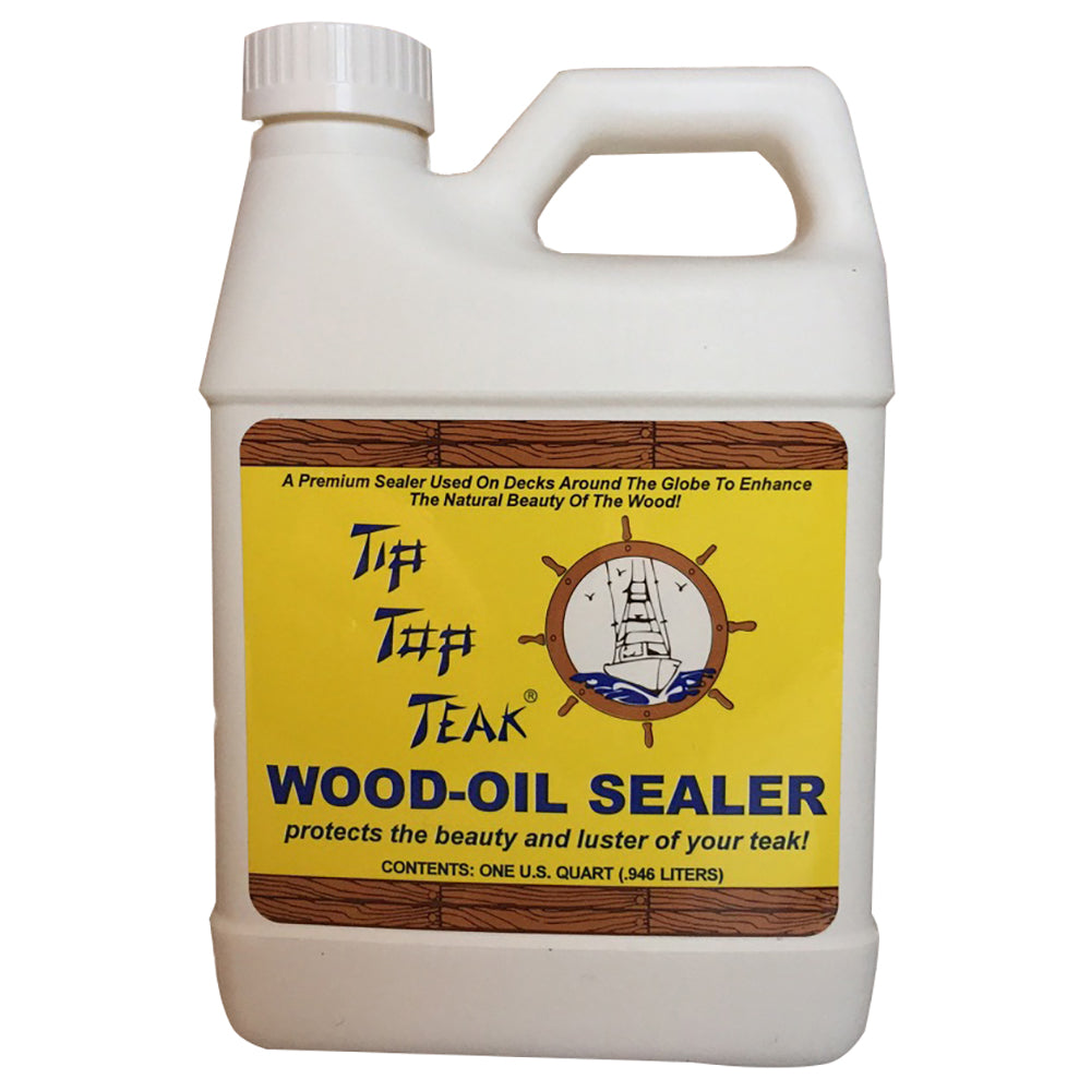 Tip Top Teak Wood Oil Sealer in a quart container, natural teak finish, showcasing the product for sealing and protecting teak wood.