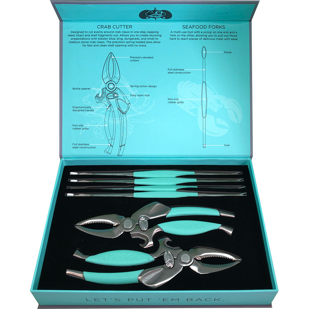 Toadfish crab and lobster tool set with two shell cutters and four seafood forks, designed for deck or galley use.