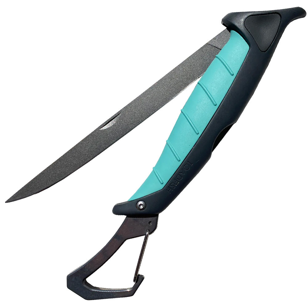 Toadfish Stowaway 7-inch folding fillet knife with built-in carabiner, ideal for deck or galley fishing and filleting tasks.