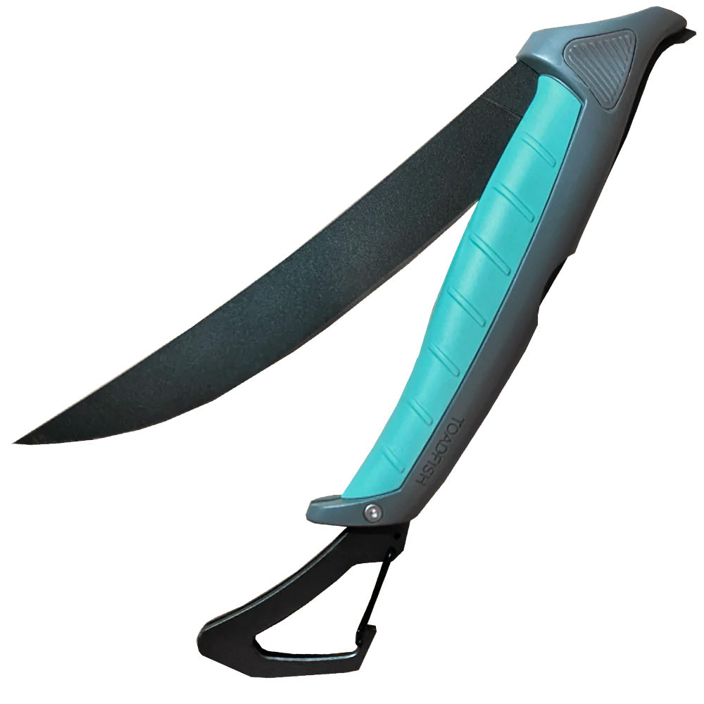 Toadfish Stowaway folding fillet knife with built-in carabiner, 8.5-inch deck/galley fishing knife, compact and portable.