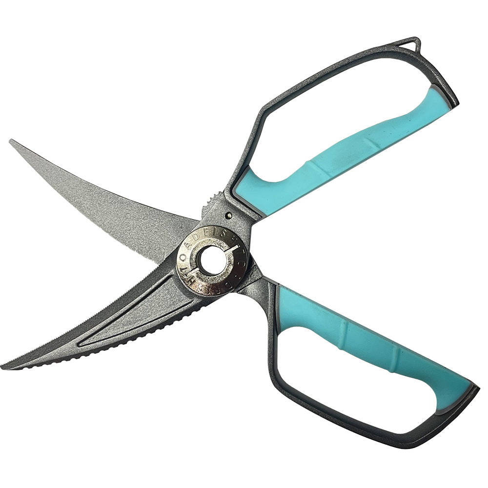 Toadfish Ultimate Shears with sheath, stainless steel deck and galley scissors for fishing and boating use.