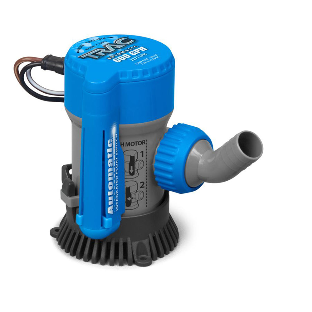 TRAC Outdoors 600 GPH automatic bilge pump showing compact design and durable construction for marine bilge water removal.