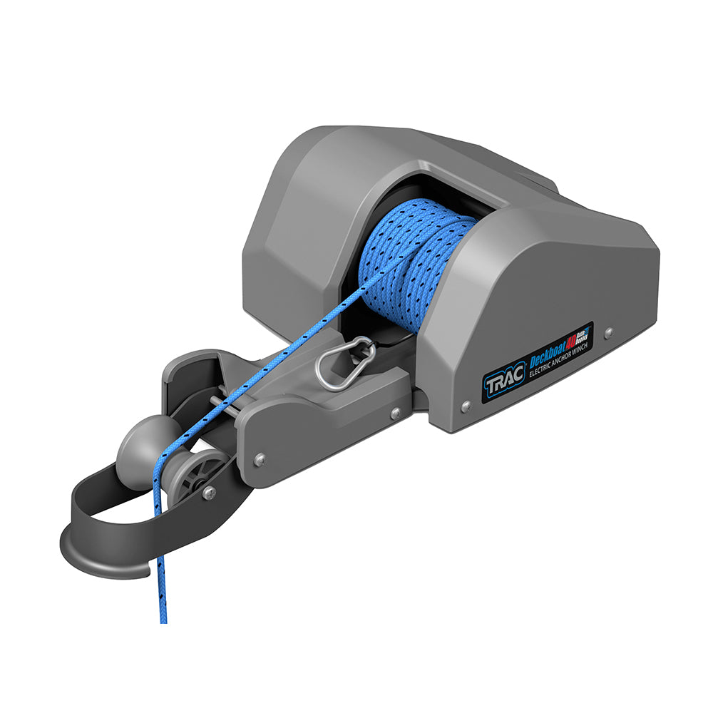 TRAC Outdoors Deckboat 40-G3 electric anchor winch with auto-deploy, mounted on a boat deck for secure anchoring.