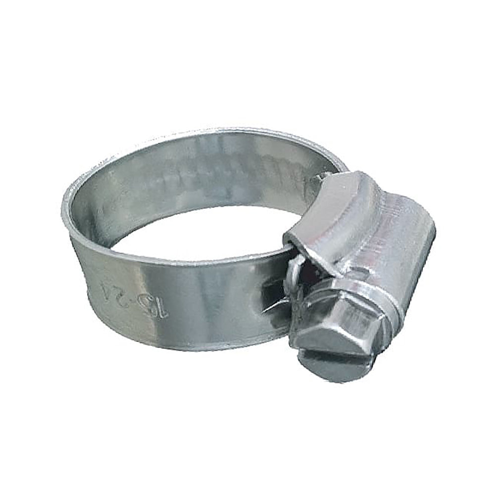 Set of 10 Trident Marine 316 SS non-perforated worm gear hose clamps with 3/8-inch band and 3/4 to 1-1/8 inch clamping range.