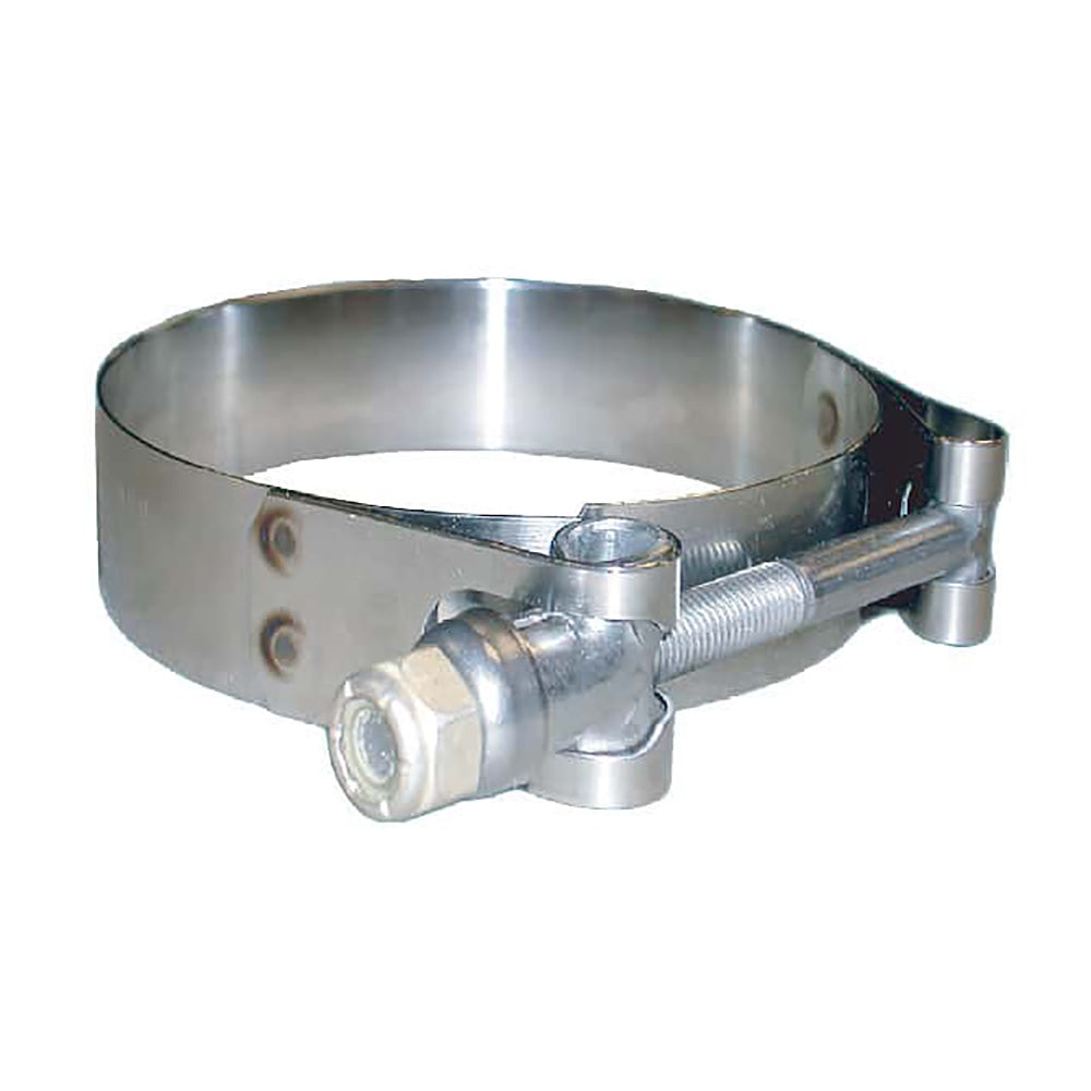 Set of 10 Trident Marine 316 SS T-Bolt Clamps with 3/4 inch band, adjustable 3.78 to 4.09 inch range, marine accessories.