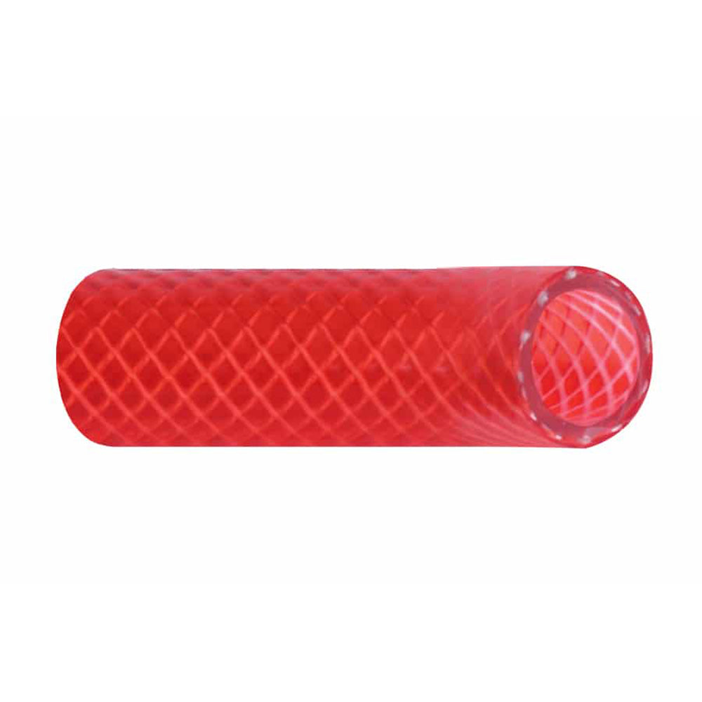 Trident Marine 1/2" reinforced PVC hot water feed line hose in translucent red, FDA-approved, suitable for drinking water.