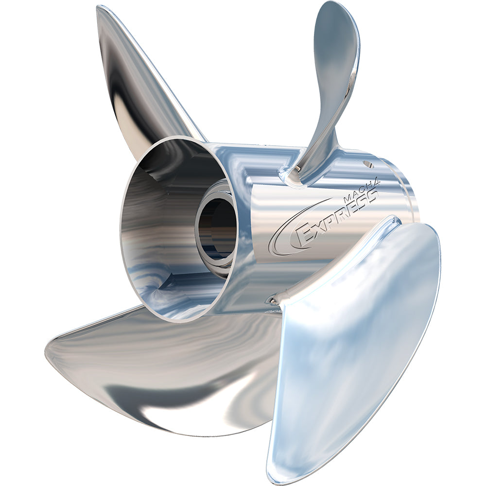 Turning Point Express Mach4 left-hand stainless steel 4-blade propeller, 13.25" x 17" pitch, for marine vessels.