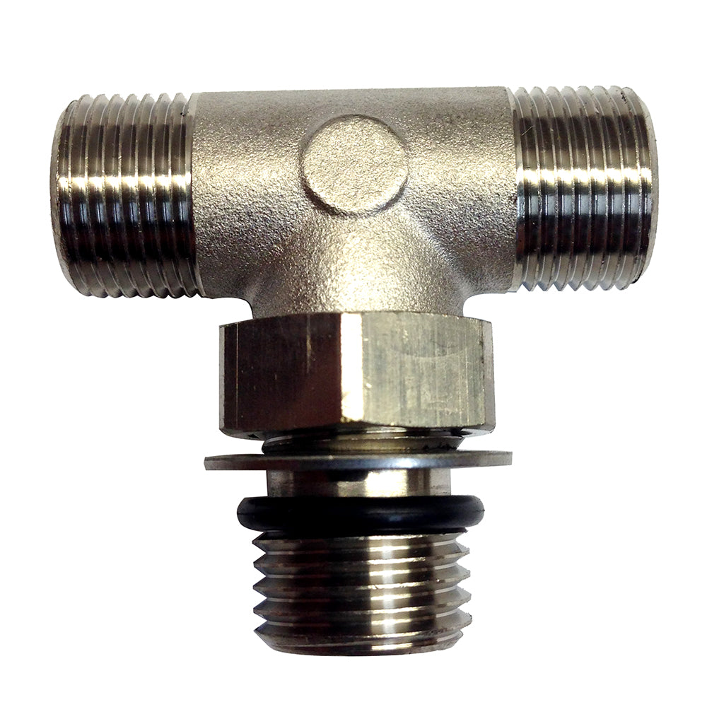 Uflex Boss Style T-Fitting in nickel for steering systems, ORB 6 to 3/8 inch compression fitting, Uflex USA product image