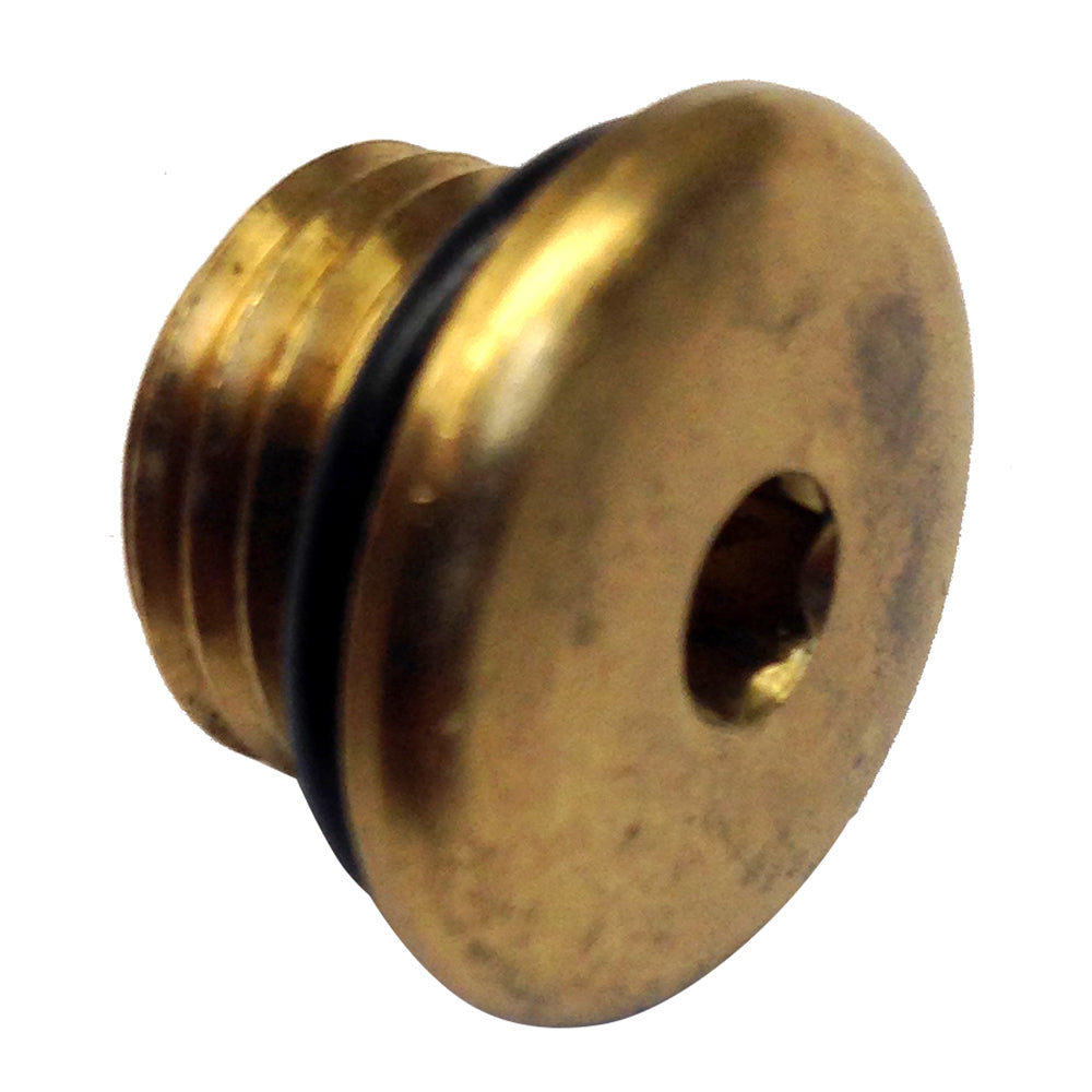 Uflex USA brass plug with O-ring for pump steering systems, used in hydraulic and marine applications.