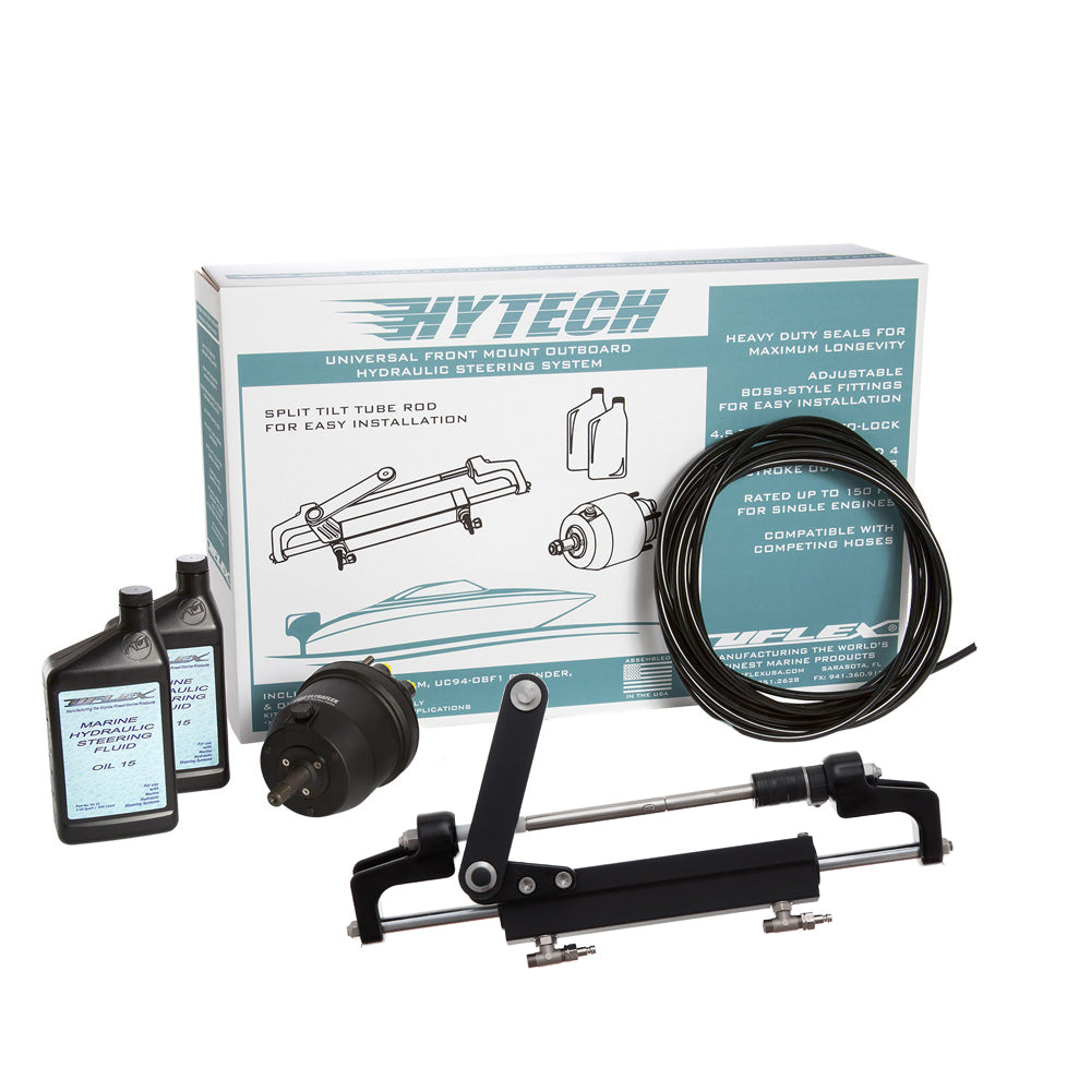 Uflex HYTECH 1.1 front mount OB steering system for up to 175HP, includes UP20 FM helm, oil, UC95-OBF cylinder, and 40 tubing sections.