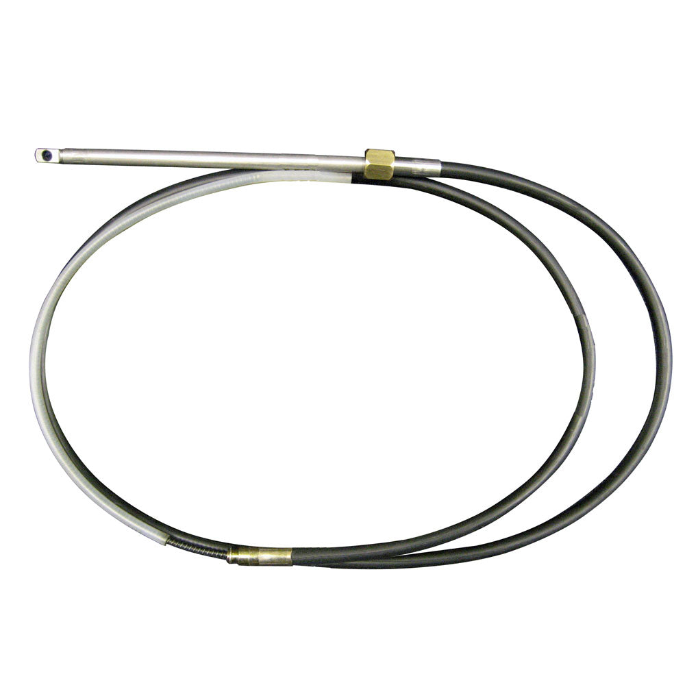 UFlex USA M66 16' Fast Connect Rotary Steering Cable for universal boat steering systems, shown connected in a marine setup.