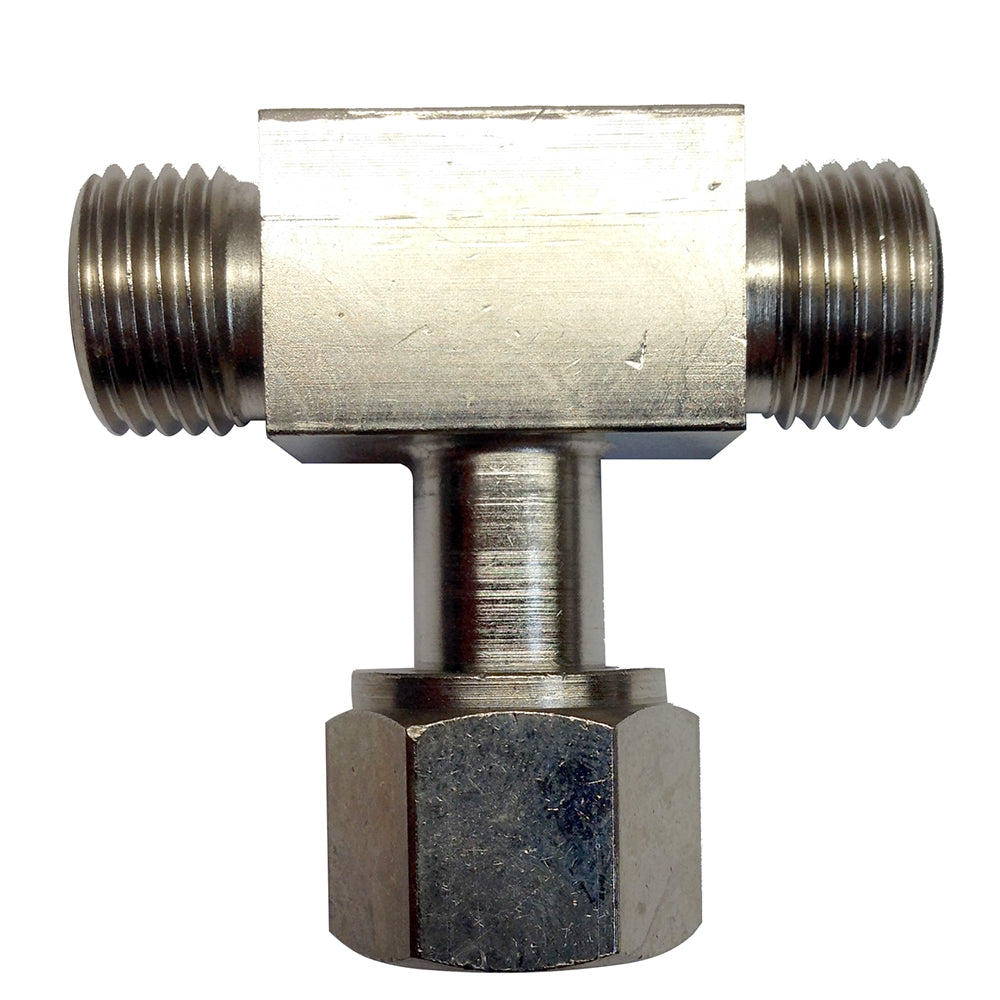 Uflex Powertech Bulkhead T-Fitting for steering systems, made by Uflex USA, showing the T-shaped fitting with threaded connections.