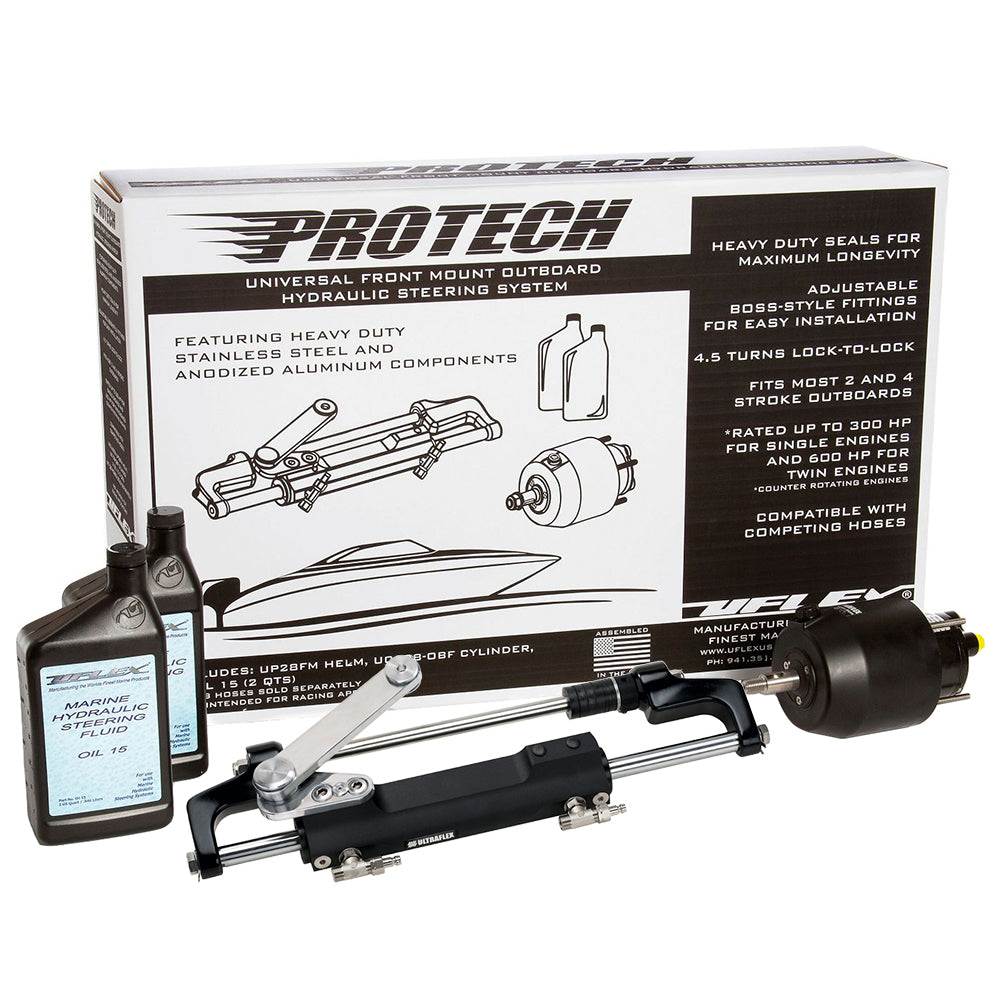 Uflex PROTECH 1.1 front mount OB hydraulic steering system with UP28 FM helm and UC128-TS/1 cylinder, no hoses included.