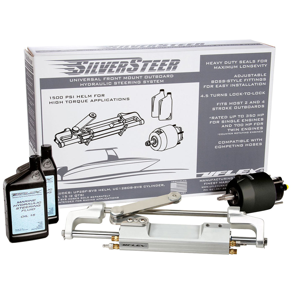 Uflex SilverSteer front mount outboard hydraulic steering system with UC130-SVS-1 cylinder, used for marine boat steering.