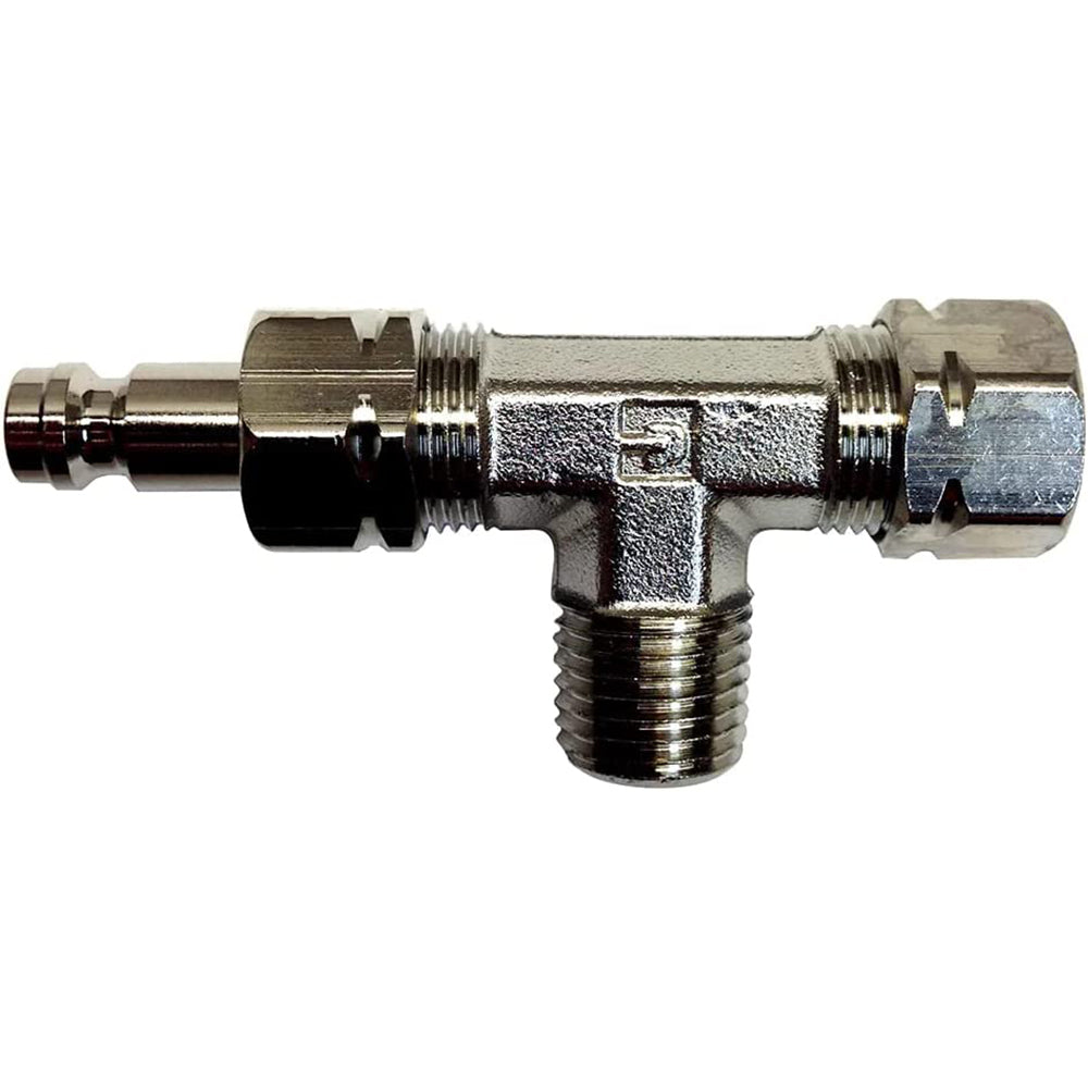 Uflex USA steering system Tee fitting with bleed nipple for IB stern drive cylinders, used in marine steering applications.