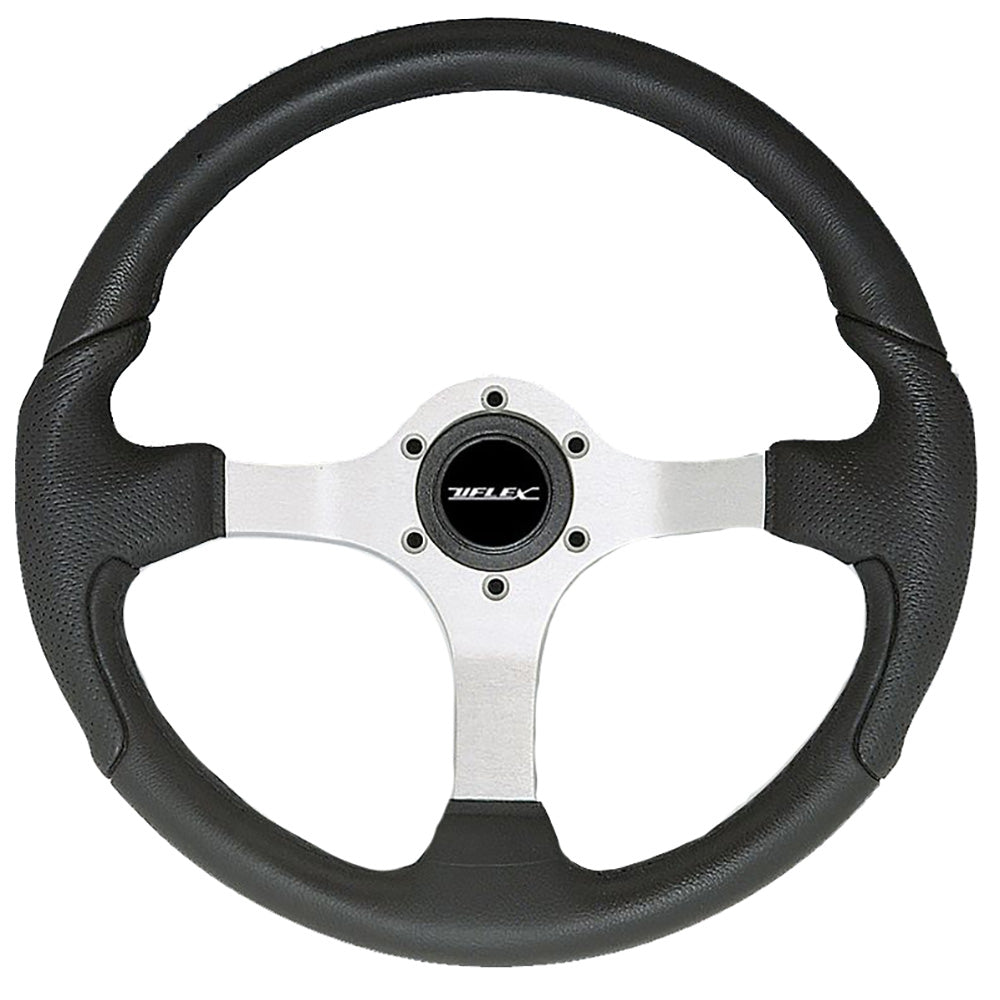 Uflex Nisida 13.8-inch steering wheel with black polyurethane grip and black aluminum spokes, designed for vehicle steering.