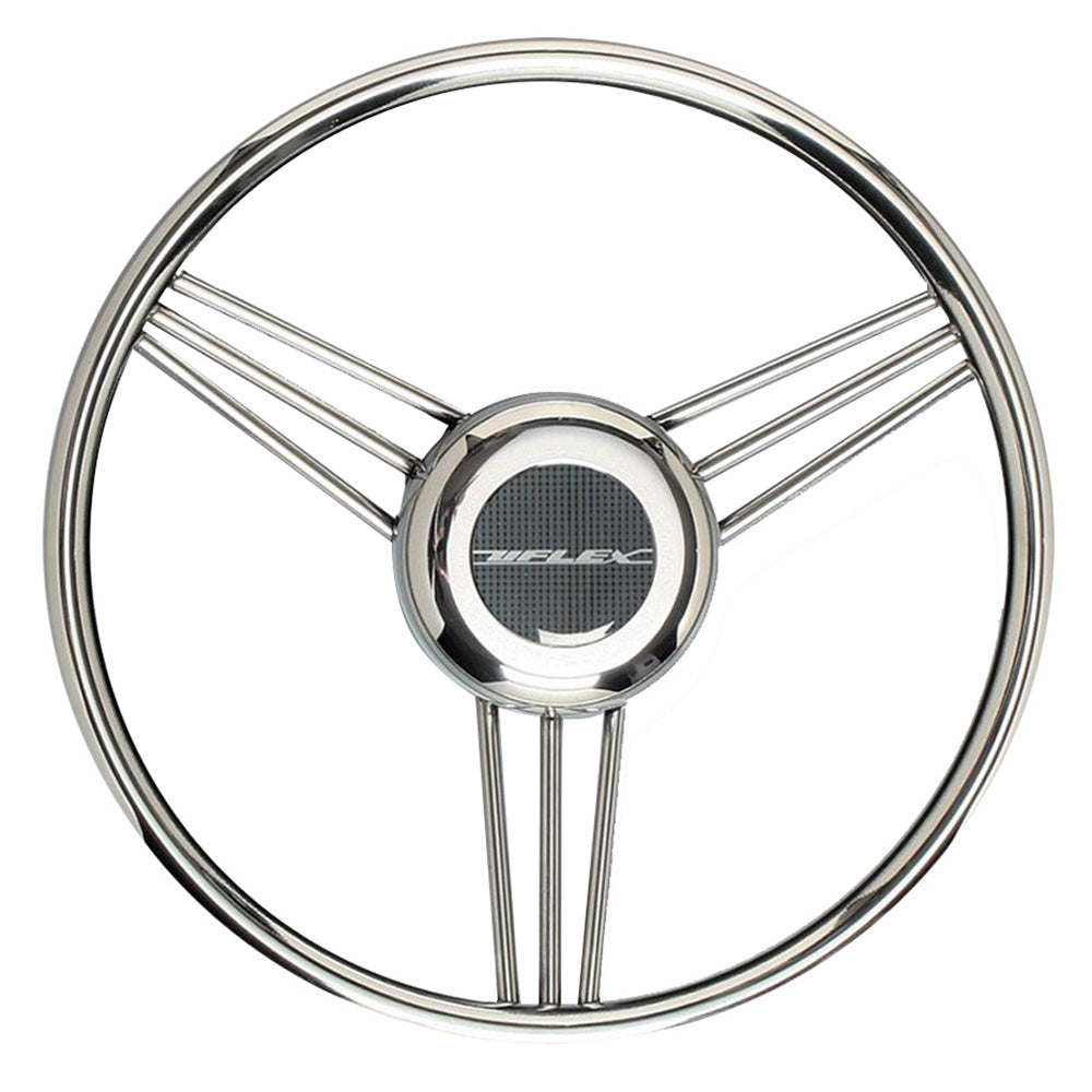 Uflex V27 13.8-inch steering wheel with stainless steel grip spokes, designed for boat or vehicle steering.