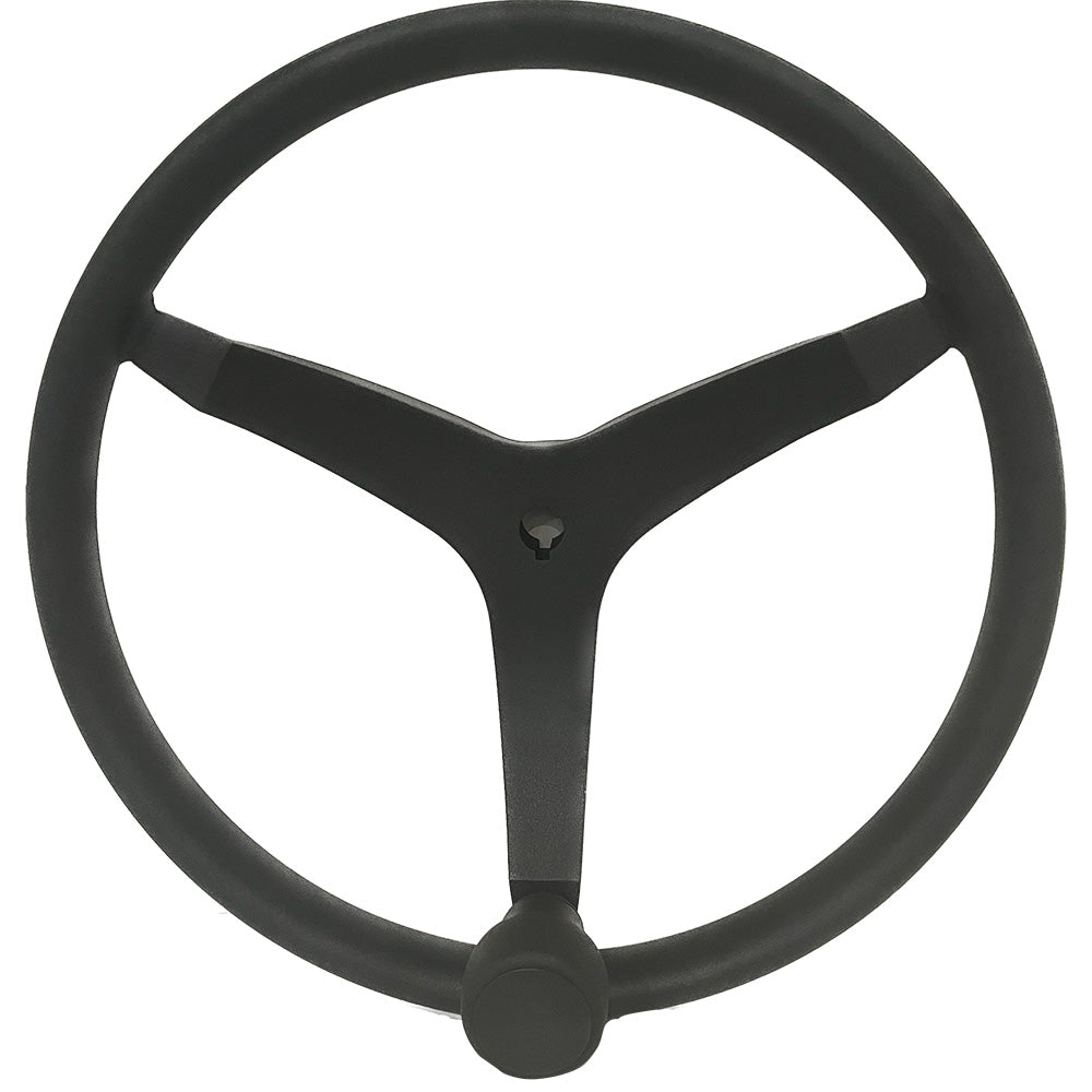 Uflex V46 13.5-inch stainless steel steering wheel with black finish and speed knob, designed for marine or automotive use.