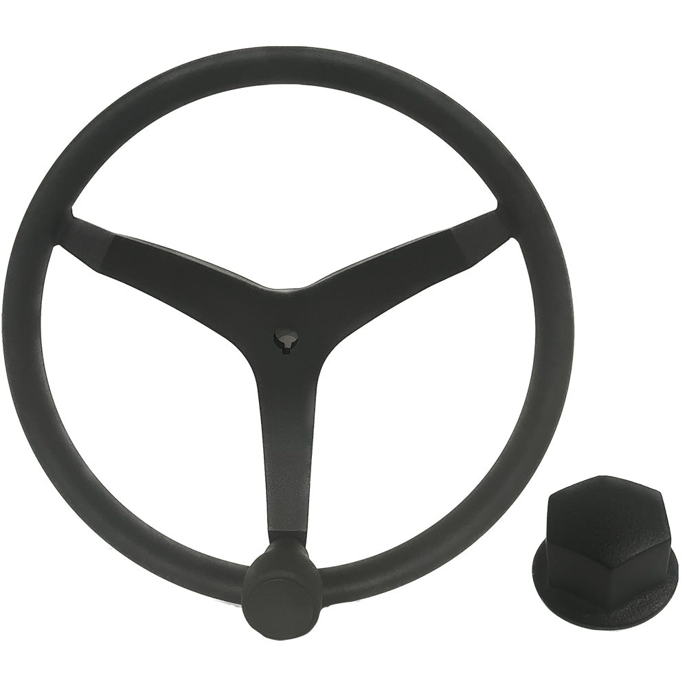Uflex V46 13.5-inch stainless steel steering wheel with black finish, speed knob, and chrome nut for boat or marine use.