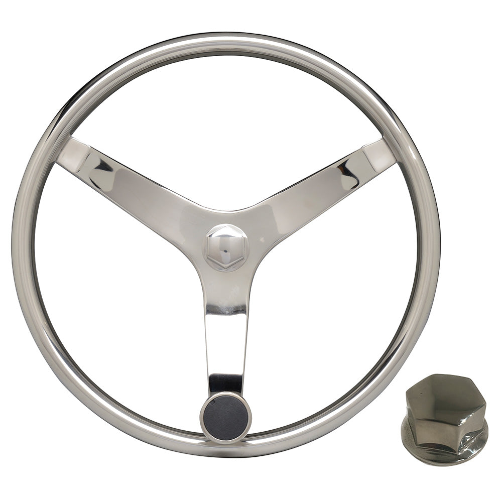Uflex V46 13.5-inch stainless steel steering wheel with speed knob and chrome nut for marine or automotive use.