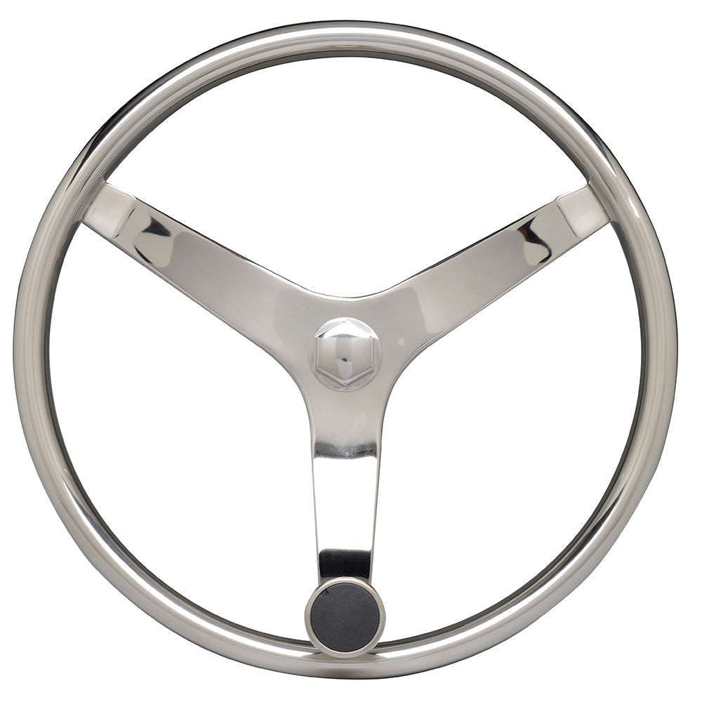 Uflex V46 13.5-inch stainless steel steering wheel with speed knob, designed for marine or automotive use.
