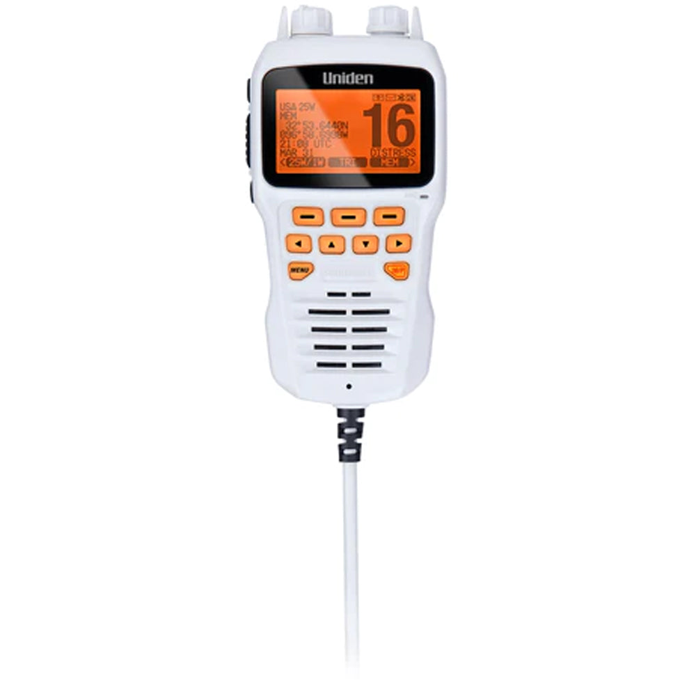 Uniden remote microphone for UM725 VHF radios, white color, accessory for communication radios, detailed view of the microphone device.