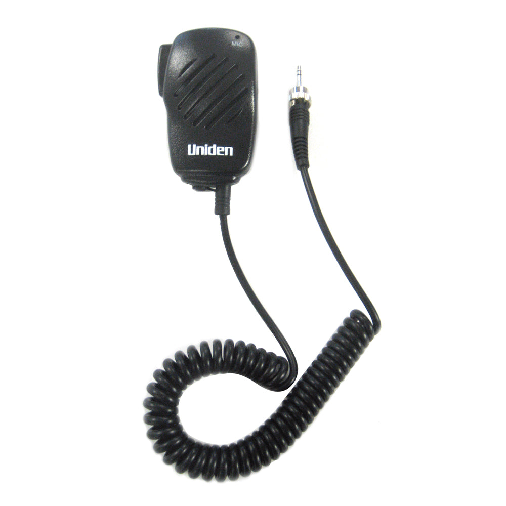 Uniden SM81 speaker microphone accessory with push-to-talk button and clip for radio communication.