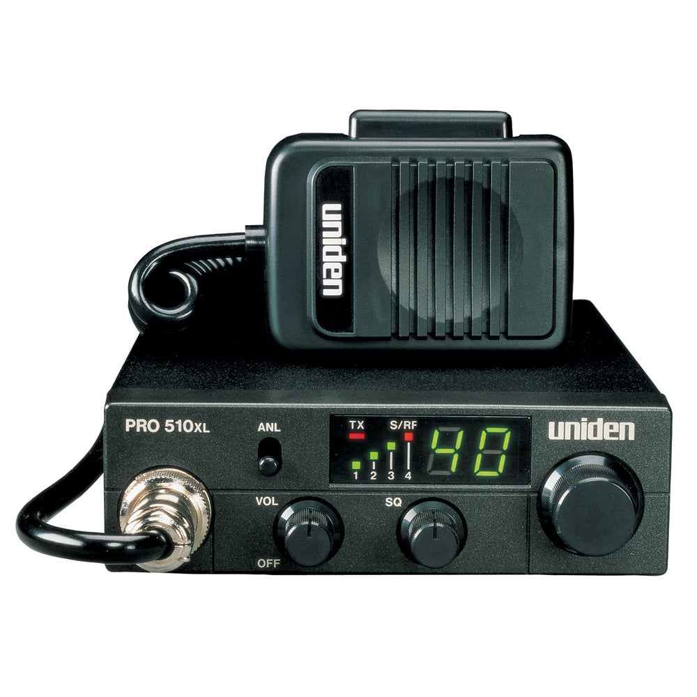 Uniden PRO510XL CB Radio with 7W audio output, compact design, and front control knob for clear communication.
