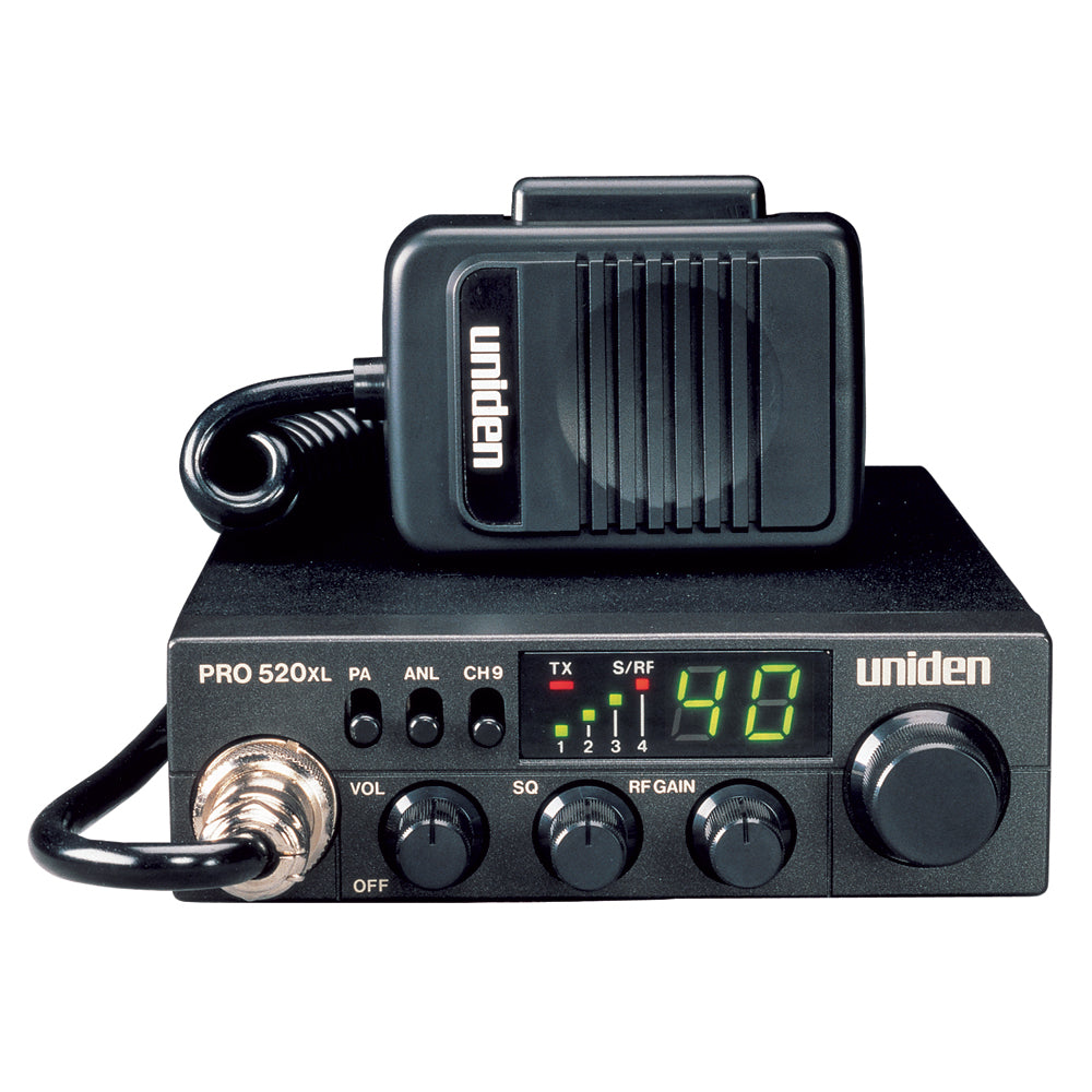 Uniden PRO520XL CB radio with 4W audio output, compact design, and control knobs for clear communication.