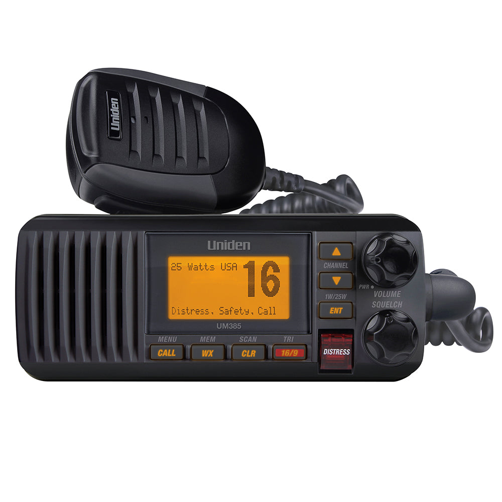 Uniden UM385 fixed mount VHF radio in black with control knobs and antenna connection for marine communication.