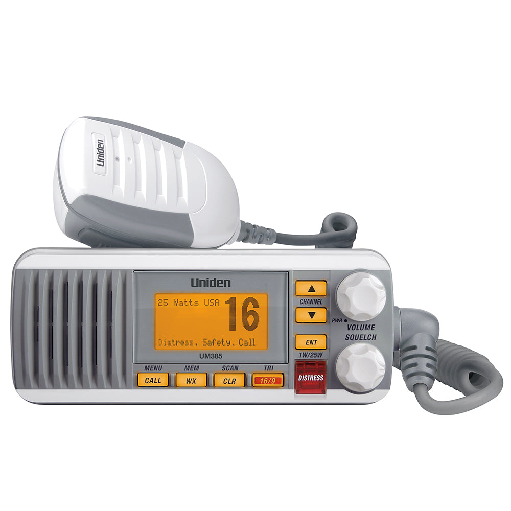 Uniden UM385 fixed mount VHF radio in white, showing the compact marine communication device with control knob and display screen.