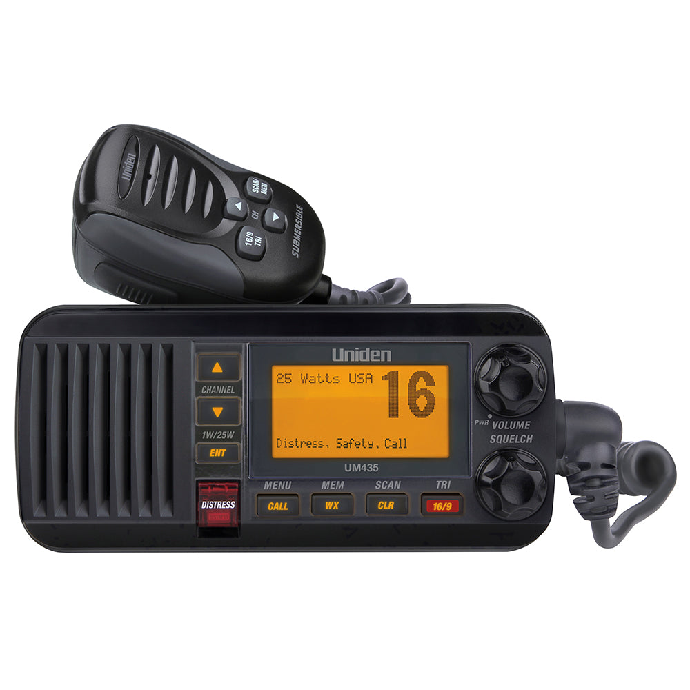 Black Uniden UM435 fixed mount VHF radio with control knobs and display for marine communication.