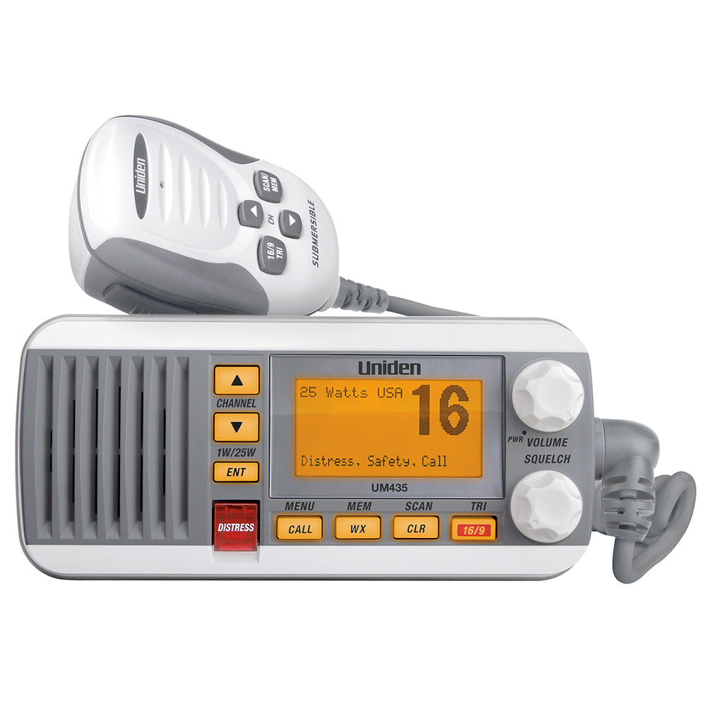 Uniden UM435 fixed mount VHF radio in white with control knobs and display panel for marine communication.