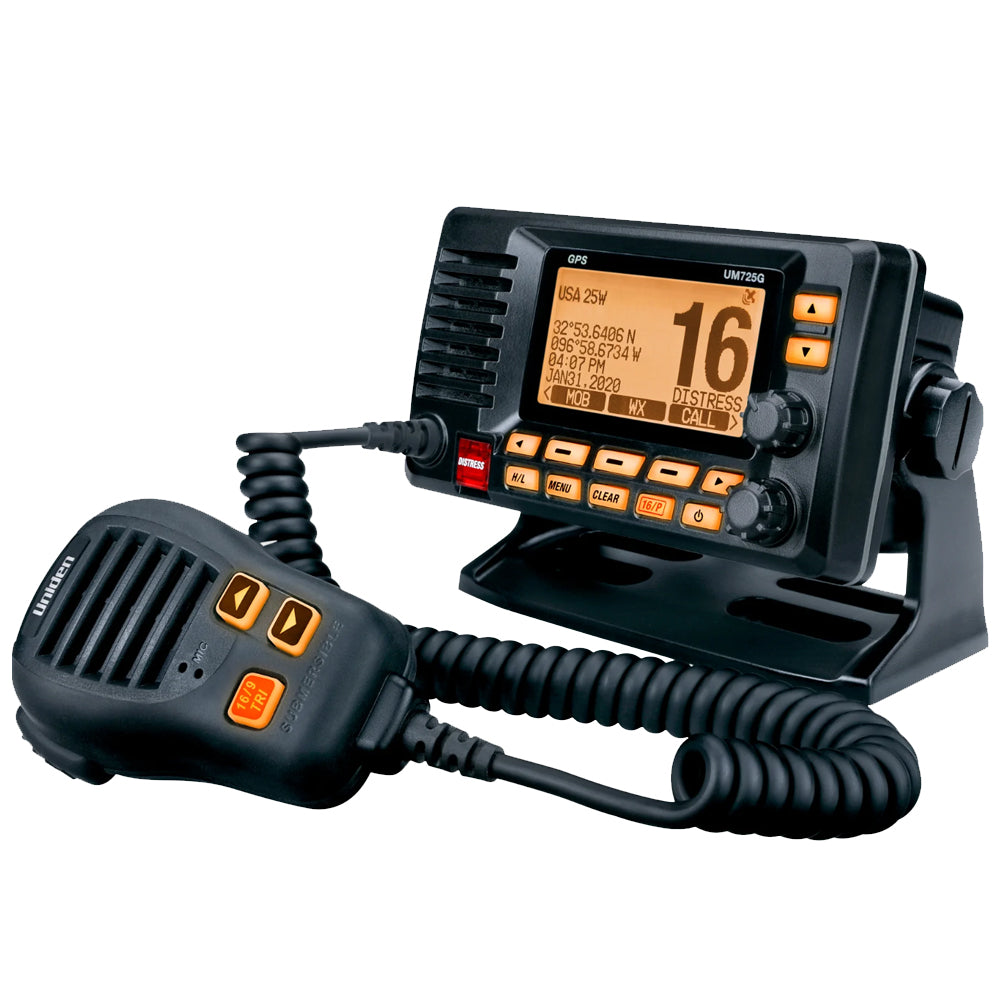 Uniden UM725 fixed mount marine VHF radio in black with control keypad and antenna for boat communication.