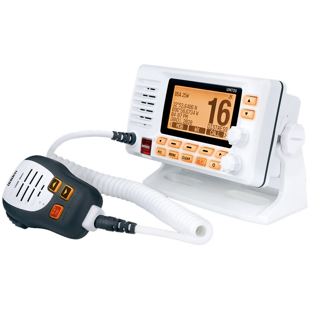 Uniden UM725 fixed mount marine VHF radio with GPS in white, featuring a digital display and control knobs.