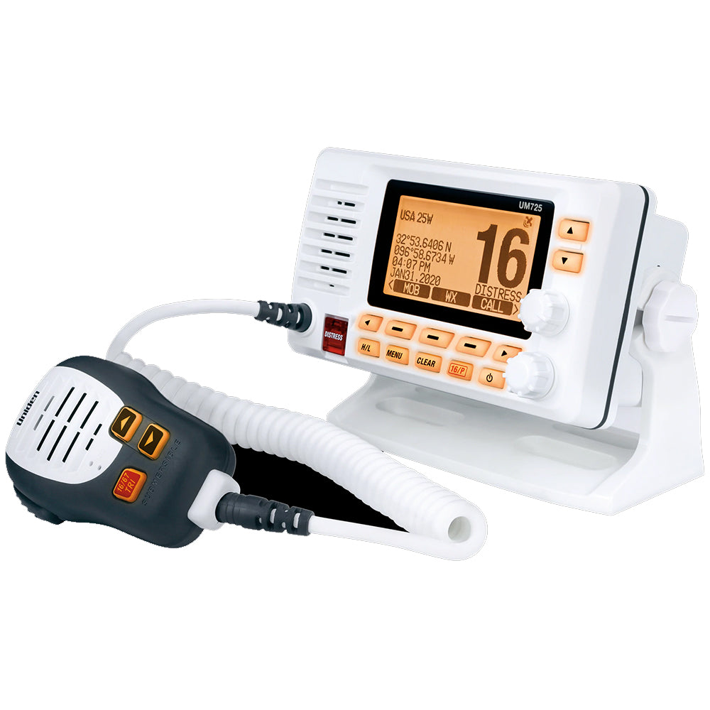 Uniden UM725 fixed mount marine VHF radio in white with keypad and antenna for reliable boat communication.