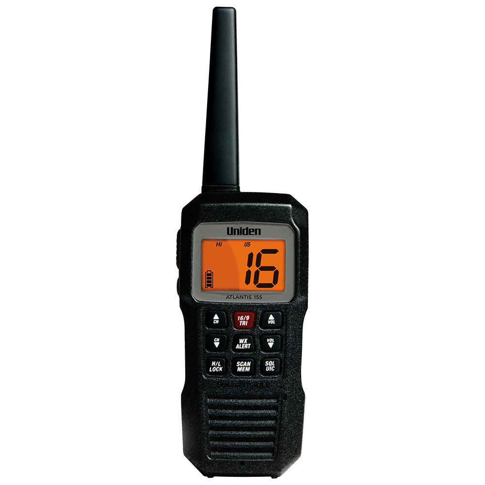 Uniden Atlantis 155 handheld VHF marine radio with floating design, compact two-way radio for boat communication.