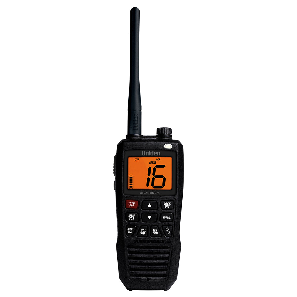 Uniden Atlantis 275 floating handheld VHF marine radio with digital display and waterproof design for boating safety.