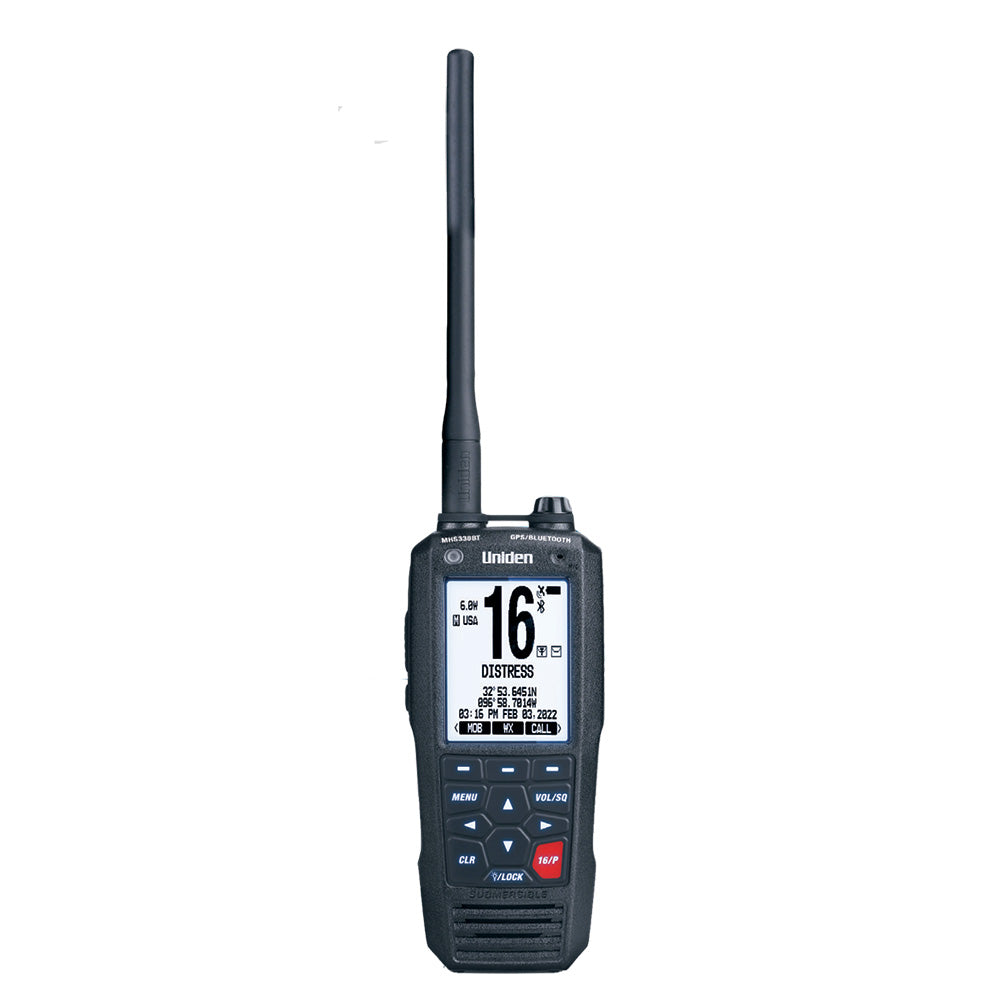 Uniden MHS338BT VHF handheld marine radio with GPS and Bluetooth features, black radio with display and control buttons.
