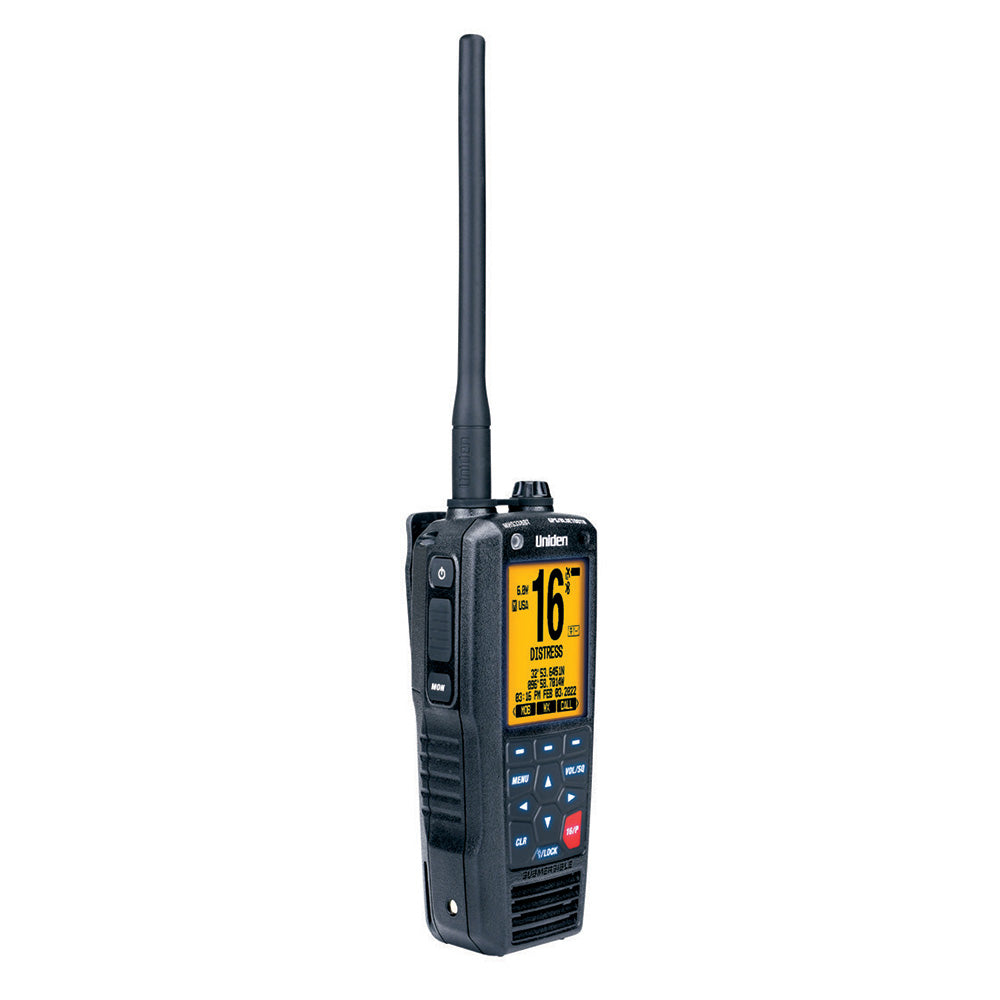Uniden MHS338BT VHF handheld marine radio with GPS and Bluetooth, showing the device with display and control buttons.