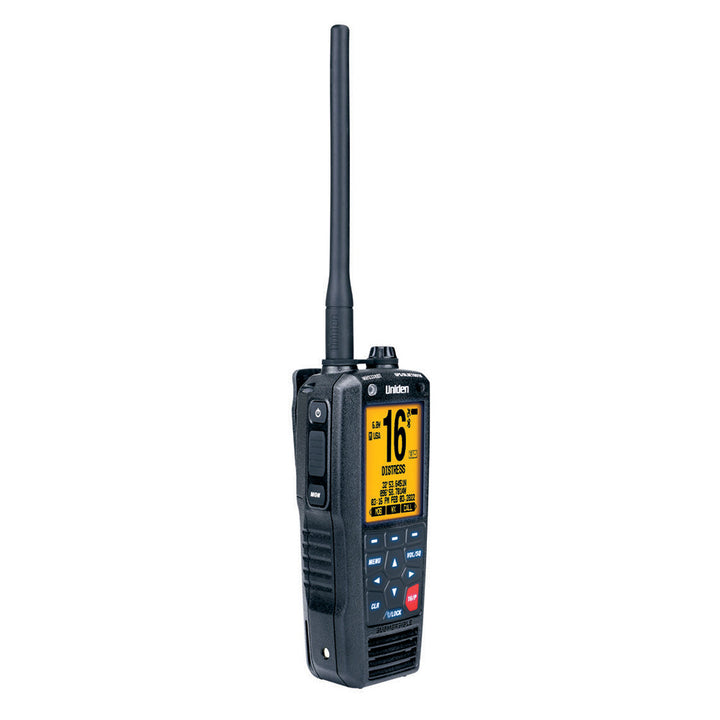 Uniden MHS338BT VHF handheld marine radio with GPS and Bluetooth, showing the device with display and control buttons.