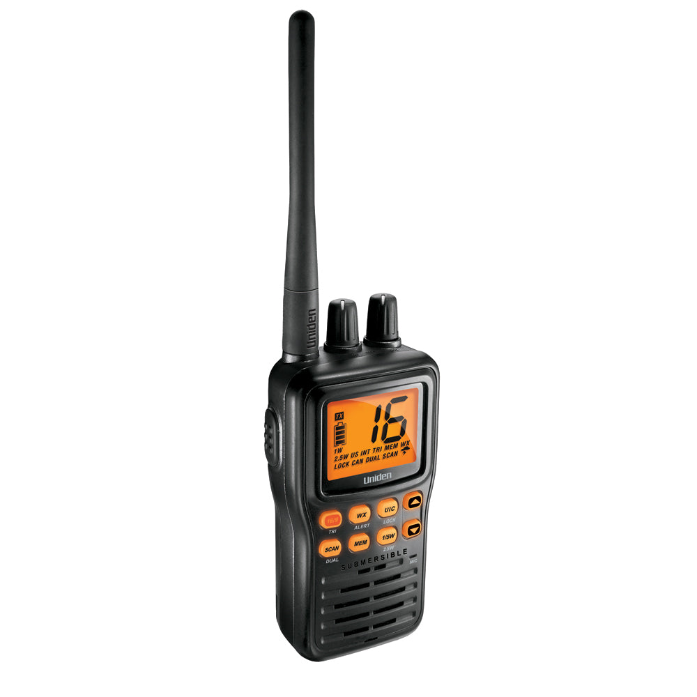 Uniden MHS75 VHF handheld radio with lithium-ion battery and DC charger, shown in a close-up view of the device and accessories