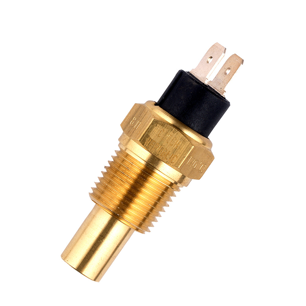 VDO temperature sender with floating ground, 250F/120C, for gauge accessories, 1/2-14 NPTF fitting, suitable for automotive use.