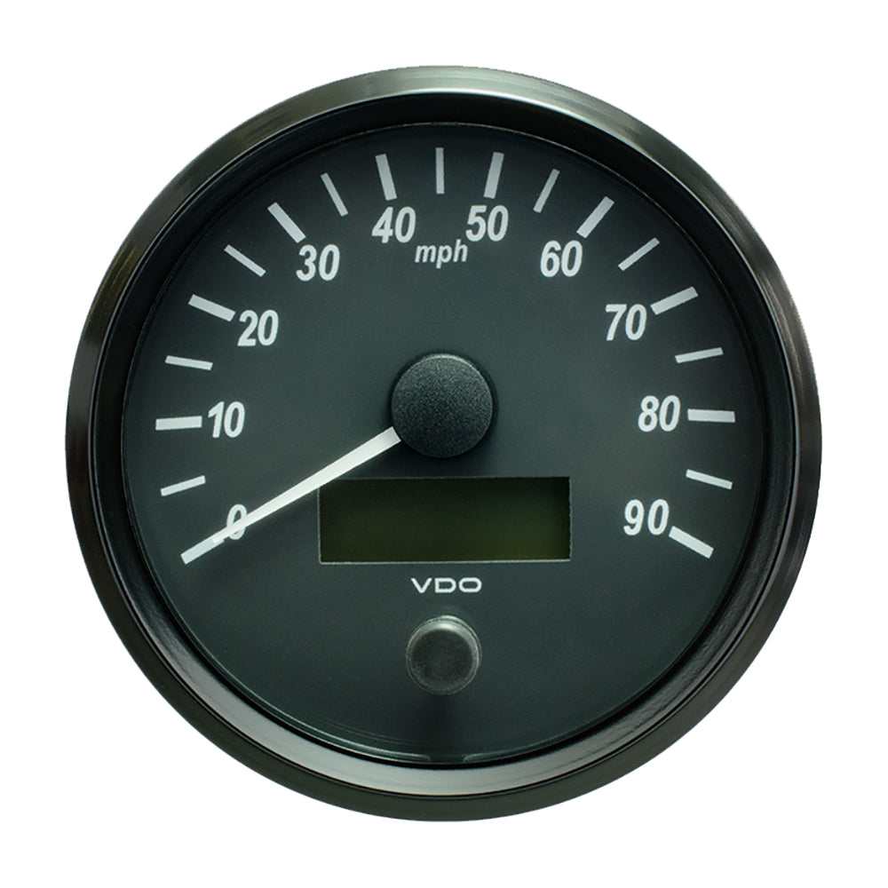 VDO SingleViu 100mm 4-inch speedometer gauge showing 90 MPH, designed for vehicle speed measurement.