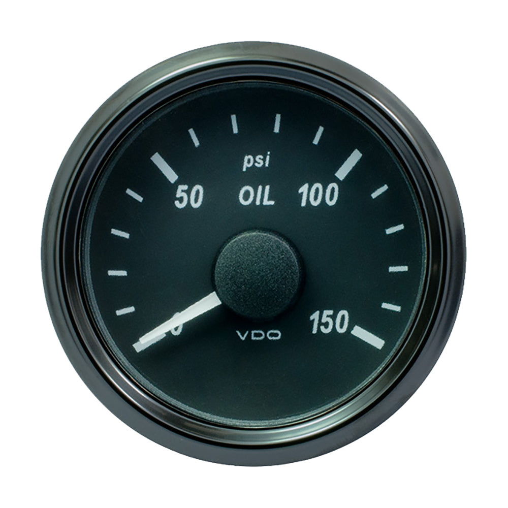 VDO SingleViu 52mm oil pressure gauge showing 150 PSI with black face and chrome bezel, designed for automotive use.