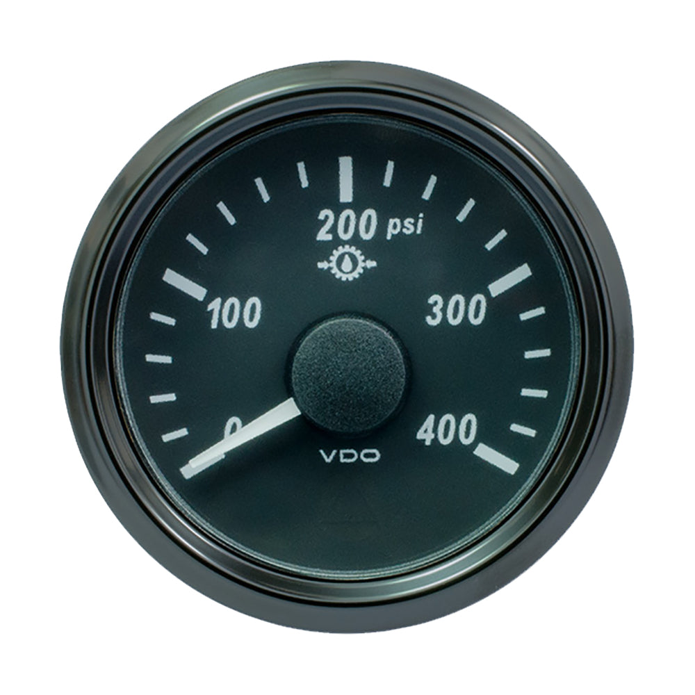 VDO SingleViu 52mm oil pressure gauge with 400 PSI range and 0-180 Ohm scale, mounted in a clean dashboard setting.